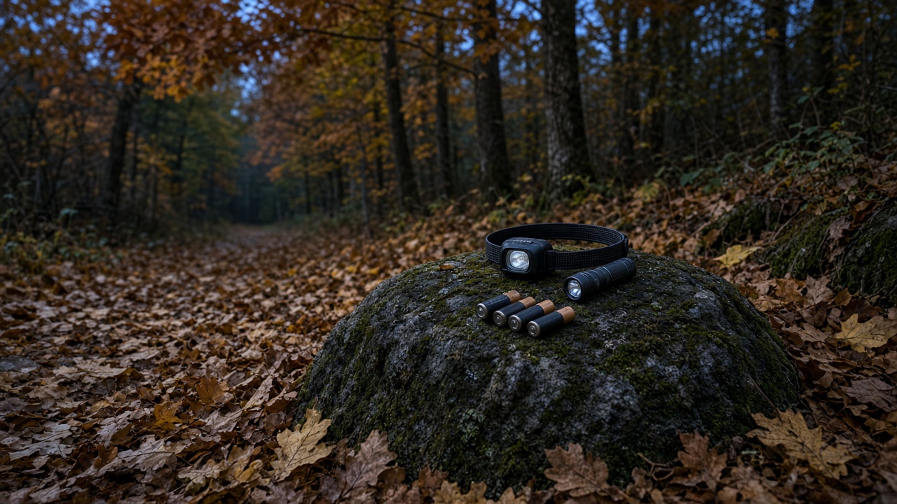 Equinox dusk on a hardwood trail with a headlamp and handheld flashlight on a mossy rock