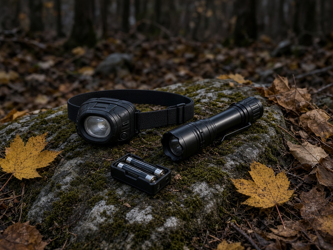A headlamp and a handheld on a late-September dash. Equinox dark is earlier than July. Two lights are the walk.