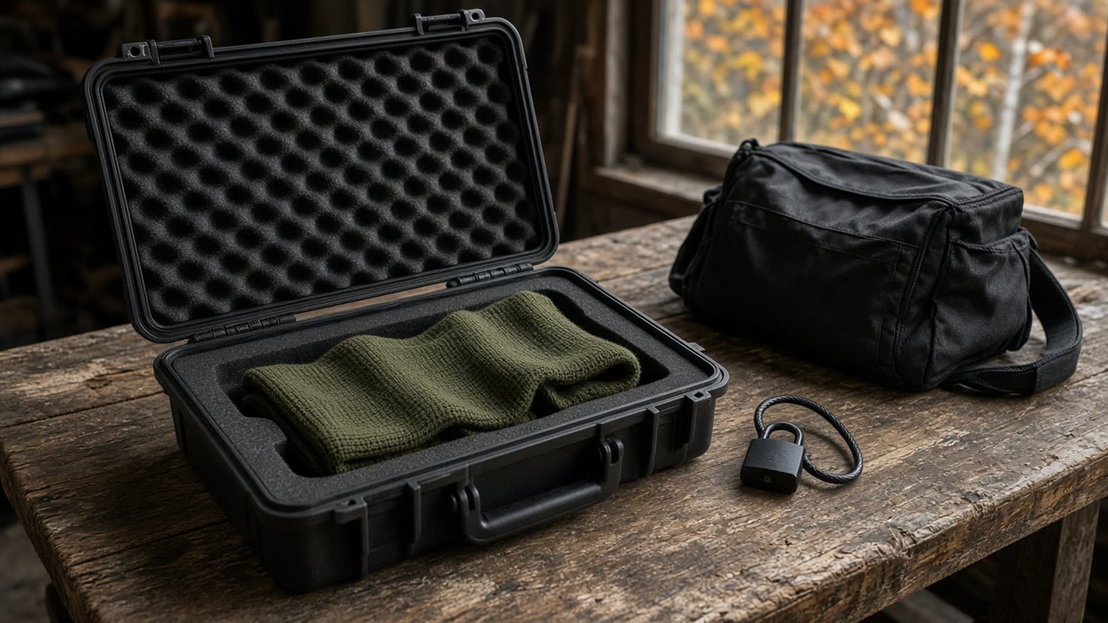 An empty hard case, knit sock, and cable lock on a workbench. No firearm in the photo.