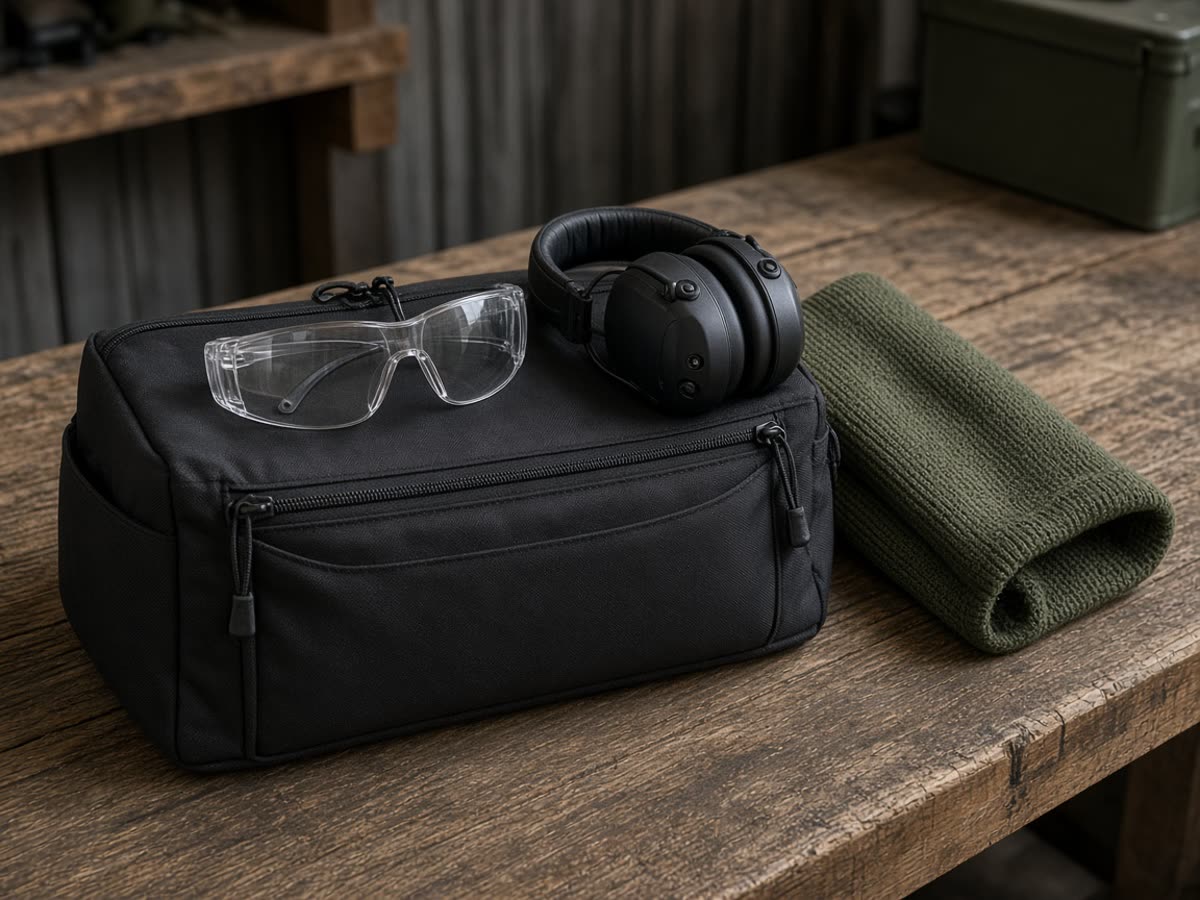 A Tuesday range bag with glasses, muffs, and a knit sock. The rifle is not in the photo. The case is the ride.