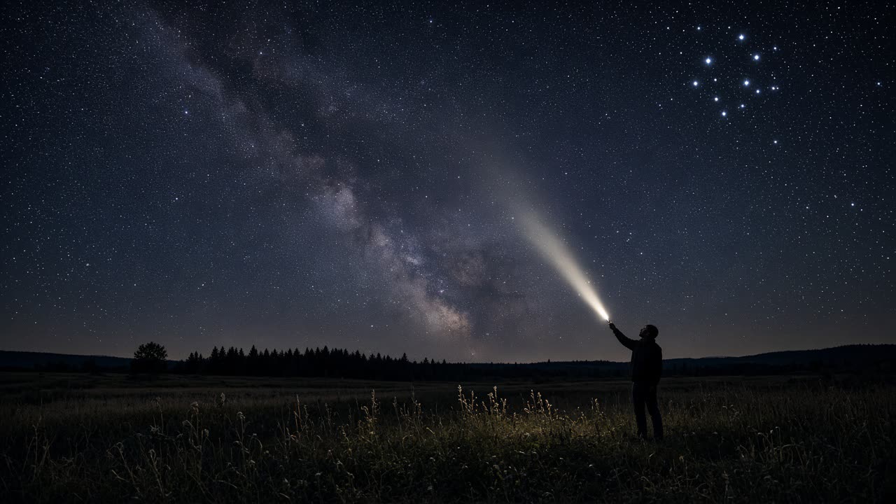 A dark rural meadow under the Milky Way with a handheld already on