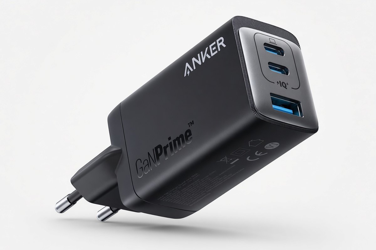 Anker 735 GaNPrime charger with two round pins, two USB-C ports, and one USB-A port.