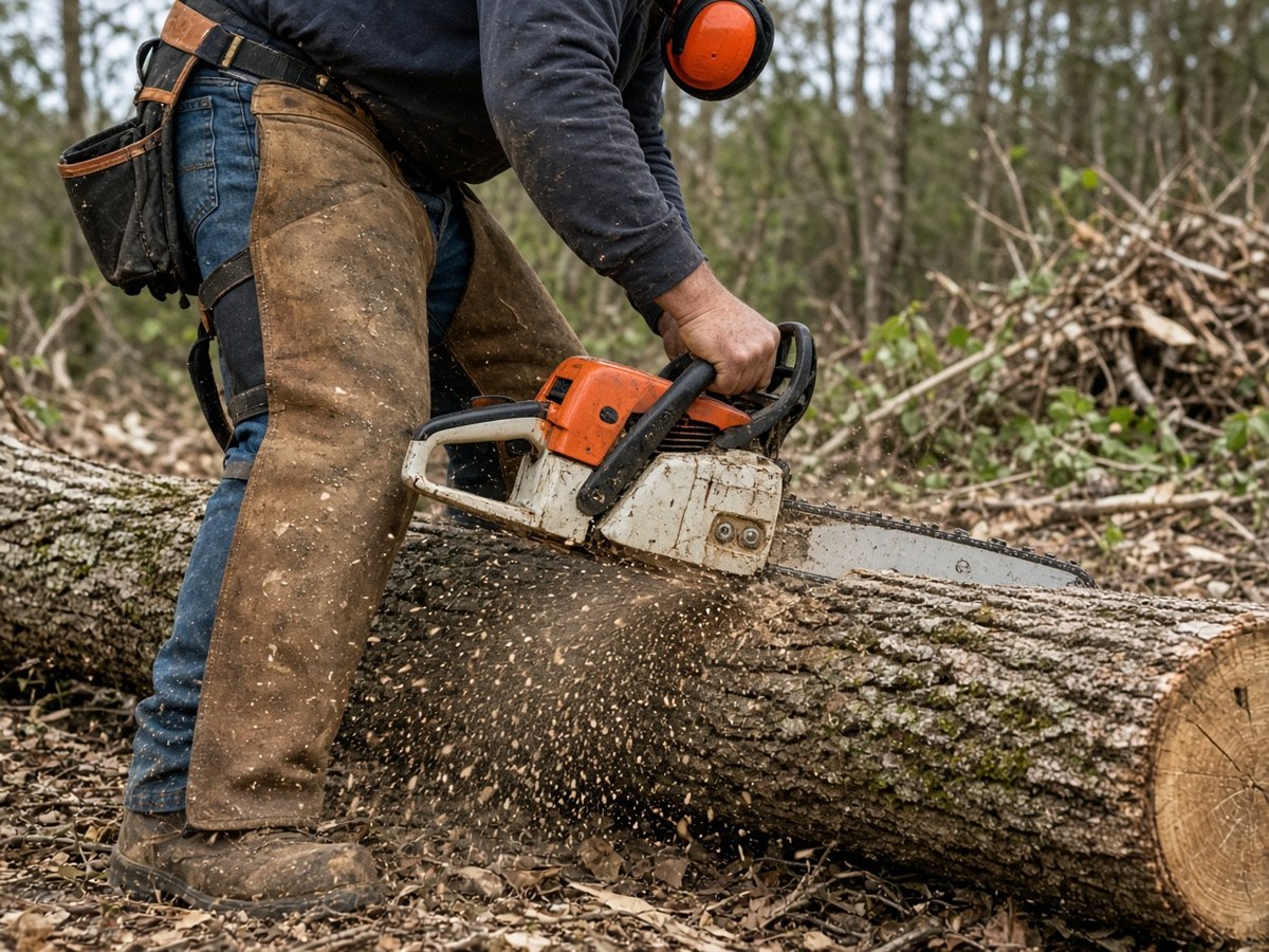 A gas chainsaw bucking a fallen log. The right saw for most homeowners is the one sized correctly for the wood, not the biggest one on the shelf.