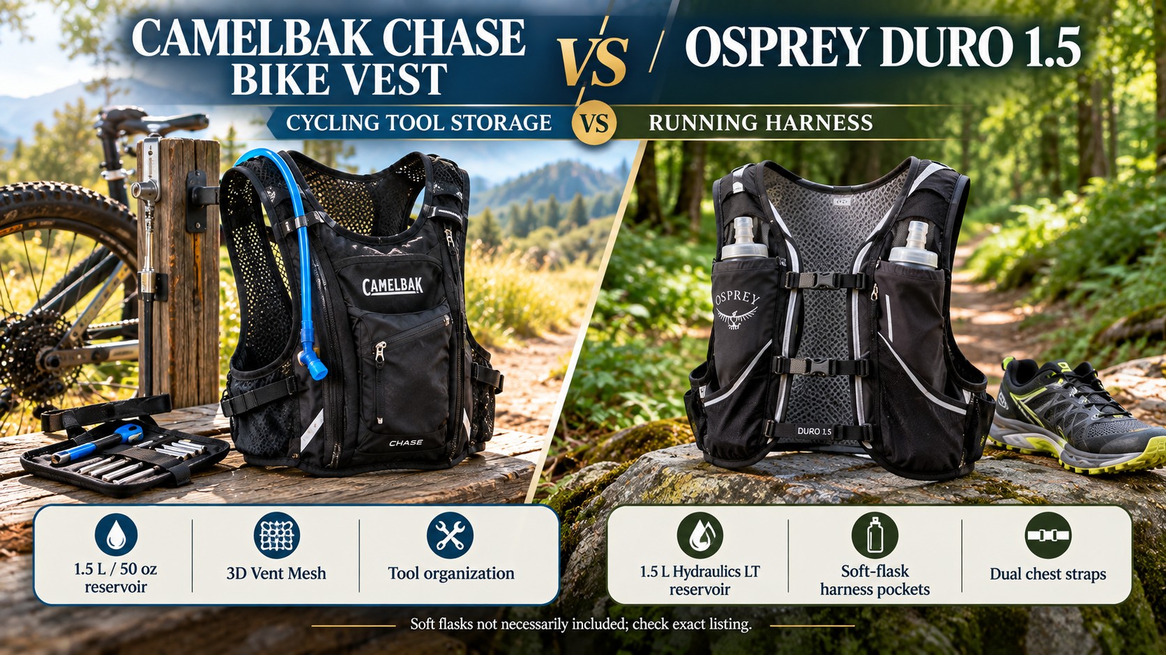 CamelBak Chase Bike Vest vs Osprey Duro 1.5; cycling tool storage vs running harness.