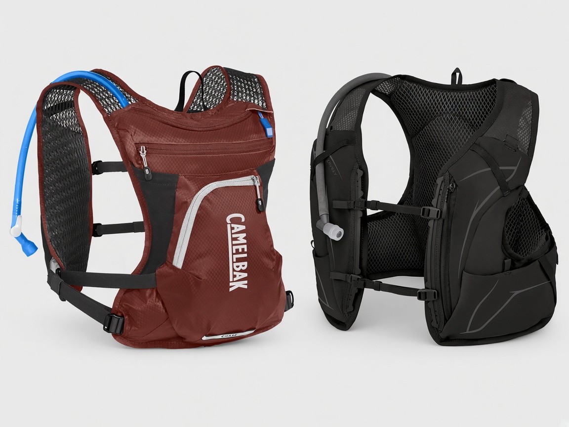 A CamelBak Chase Bike Vest and an Osprey Duro 1.5 hydration vest on a plain background