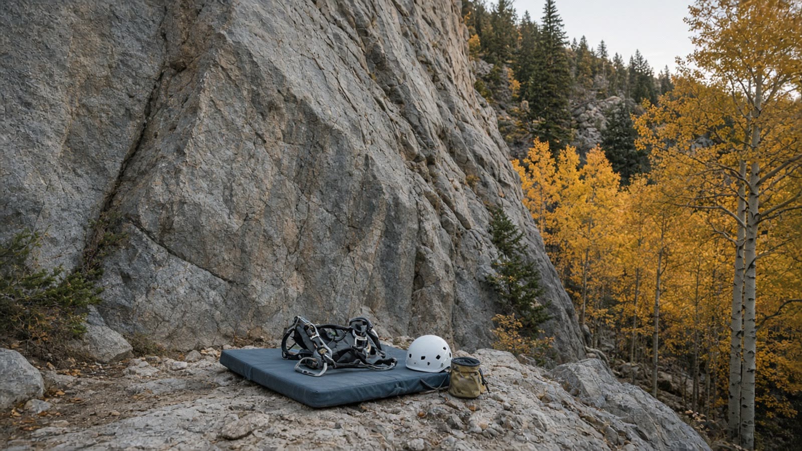 A late-September granite crag with a helmet, harness, and chalk bag on a crash pad