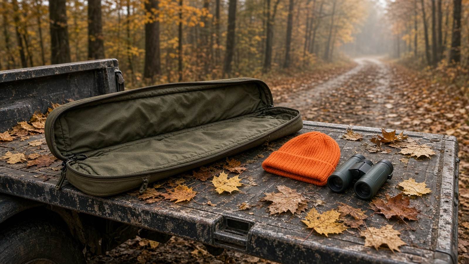 Empty olive soft rifle case, blaze-orange knit cap, and binoculars on a tailgate in autumn hardwoods
