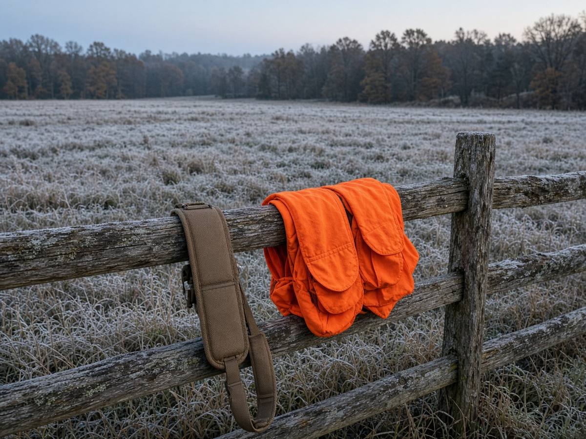 A two-point sling and blaze on a frost rail. Fit the sling at the house with the coat. The carbine stays at a licensed dealer.