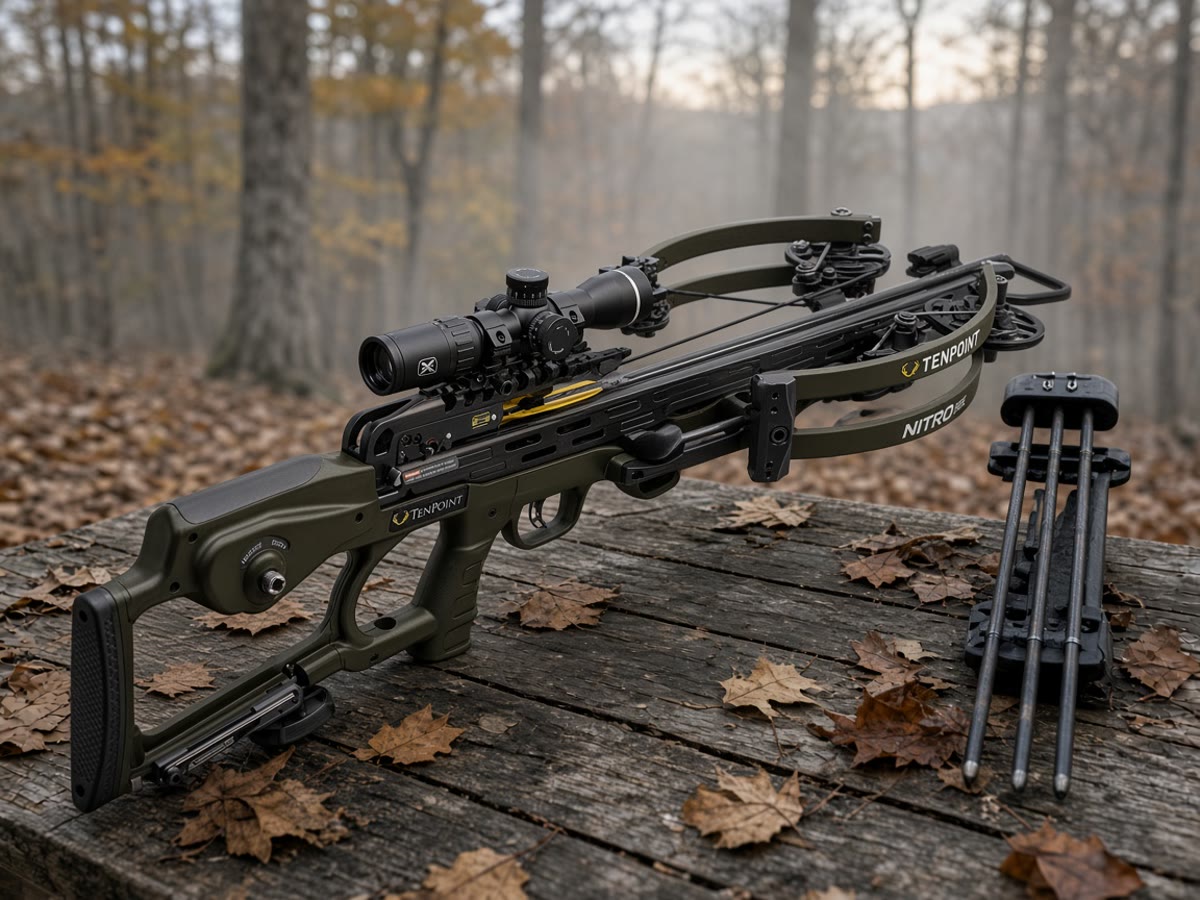 An olive TenPoint Nitro 505 on a hardwood bench at first light. The shop is where you sit on it.