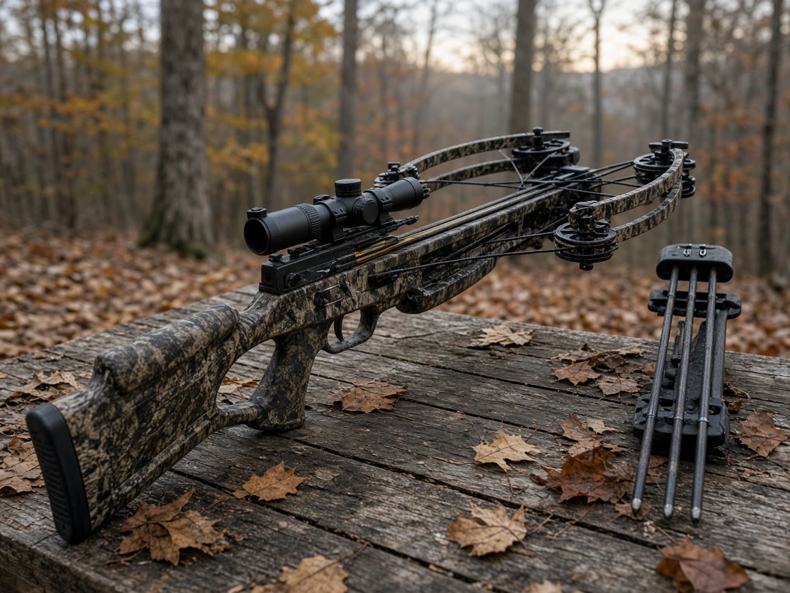 A scoped hunting crossbow on a hardwood bench at first light. The shop is where you sit on it.