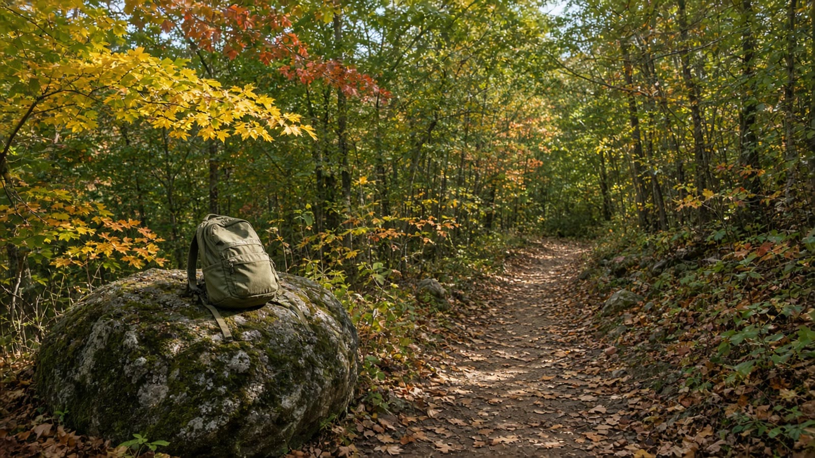 A hardwood trail with the first September color and a daypack on a quiet ridge