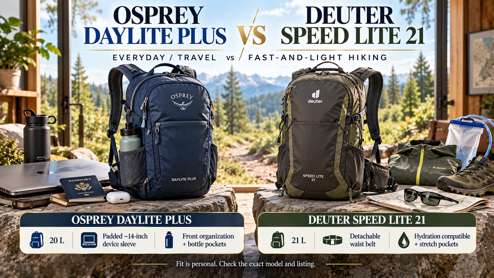 Osprey Daylite Plus vs Deuter Speed Lite 21; everyday/travel vs fast-and-light hiking on rocks by mountains.