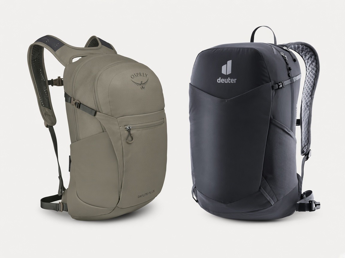 An Osprey Daylite Plus backpack and a Deuter Speed Lite 21 daypack on a plain background