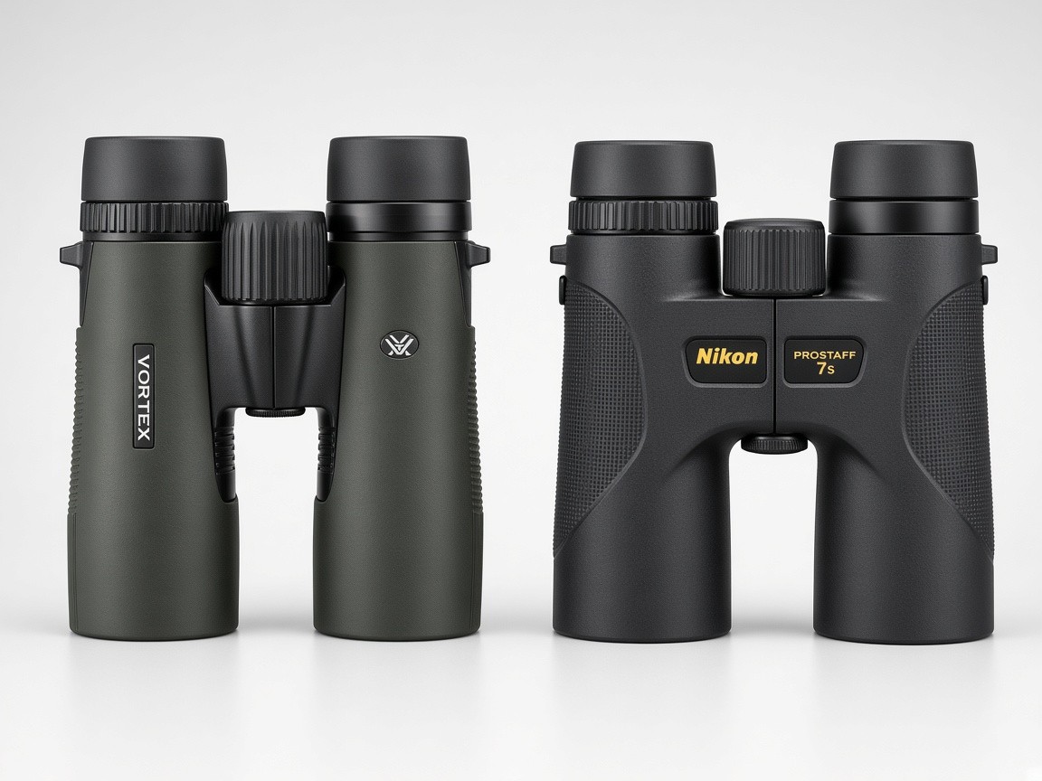Vortex Diamondback HD 10x42 binoculars and Nikon PROSTAFF 7S 10x42 binoculars on a plain background