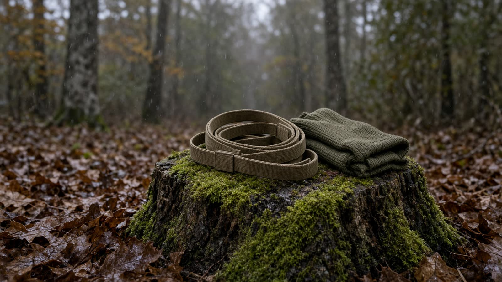 A tan two-point sling and an olive knit sleeve on a mossy stump in rainy October oaks