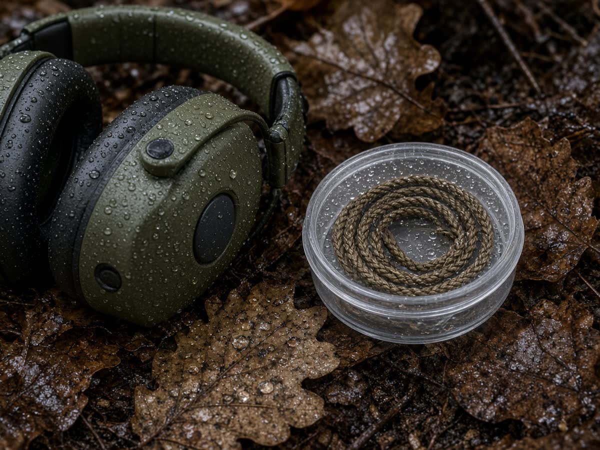 A bore snake in its case and electronic muffs on wet October oak leaves