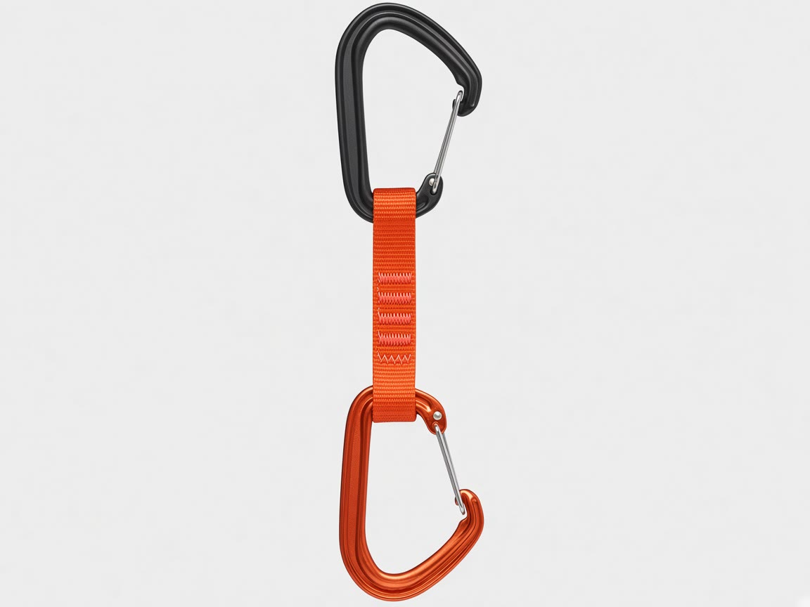 Orange wiregate quickdraw with a short dogbone on a plain background.