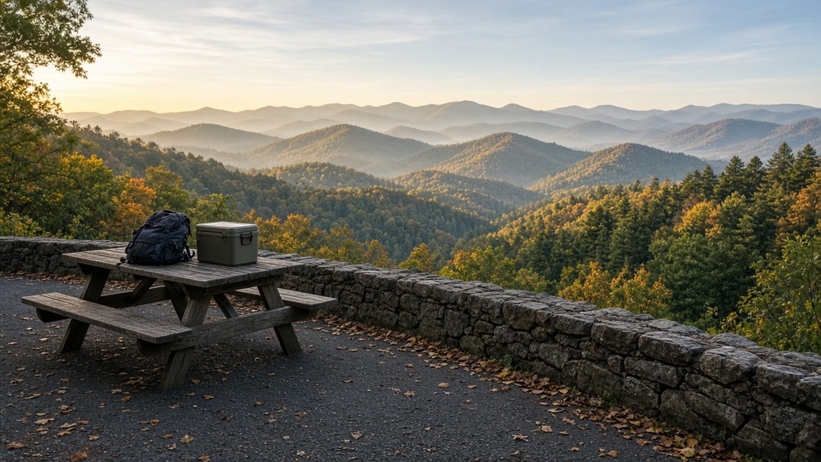 A quiet Monday parkway overlook in early gold after weekend leaf traffic