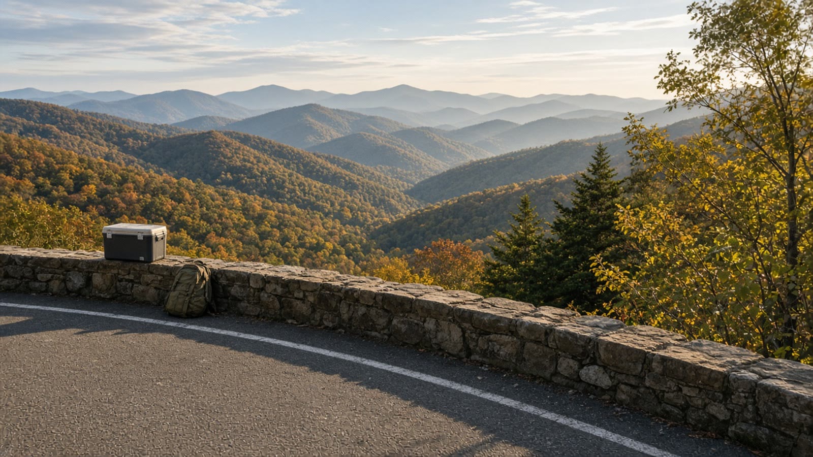 A quiet Saturday scenic-byway overlook in early gold hardwoods before peak leaf traffic