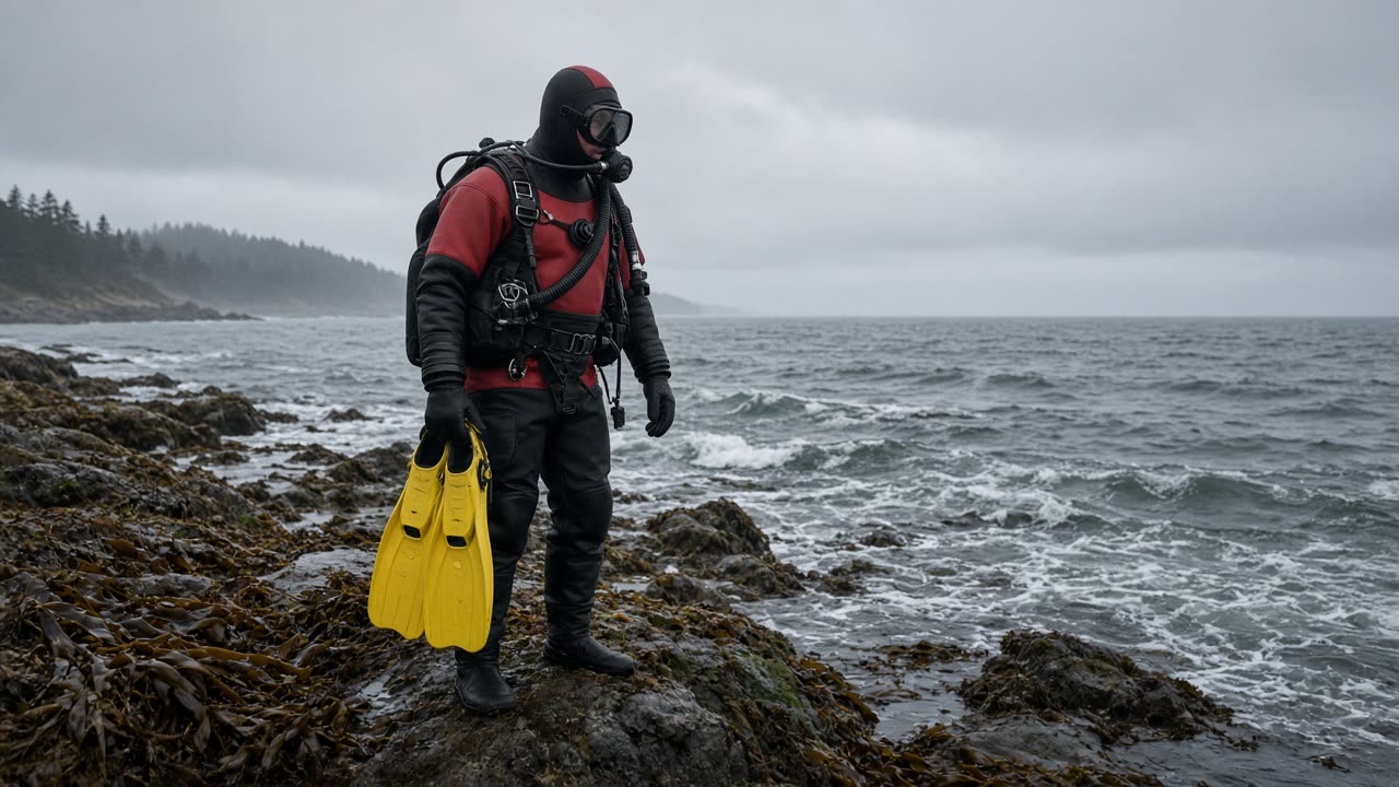 A diver in a dry suit on a cold rocky shore with yellow fins