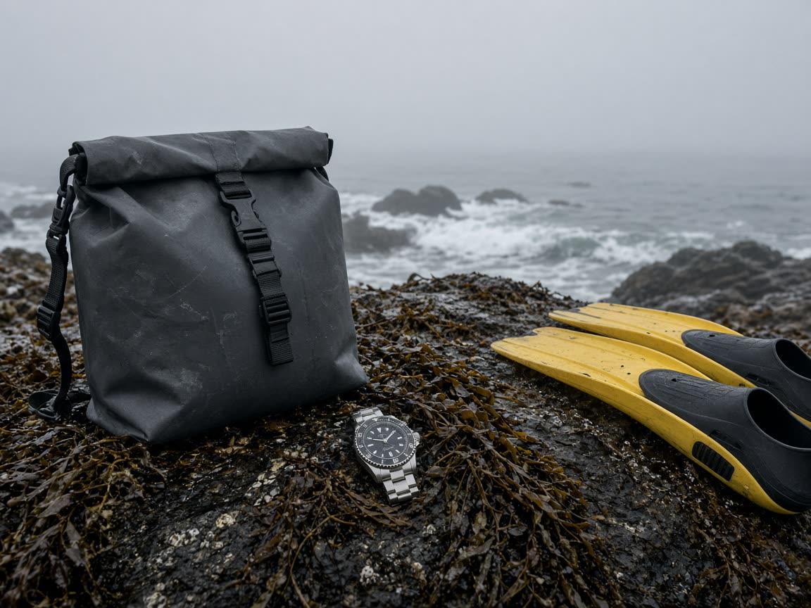A diver on a cold-water shore, seals you can still talk about at a shop. The suit stays a shop.