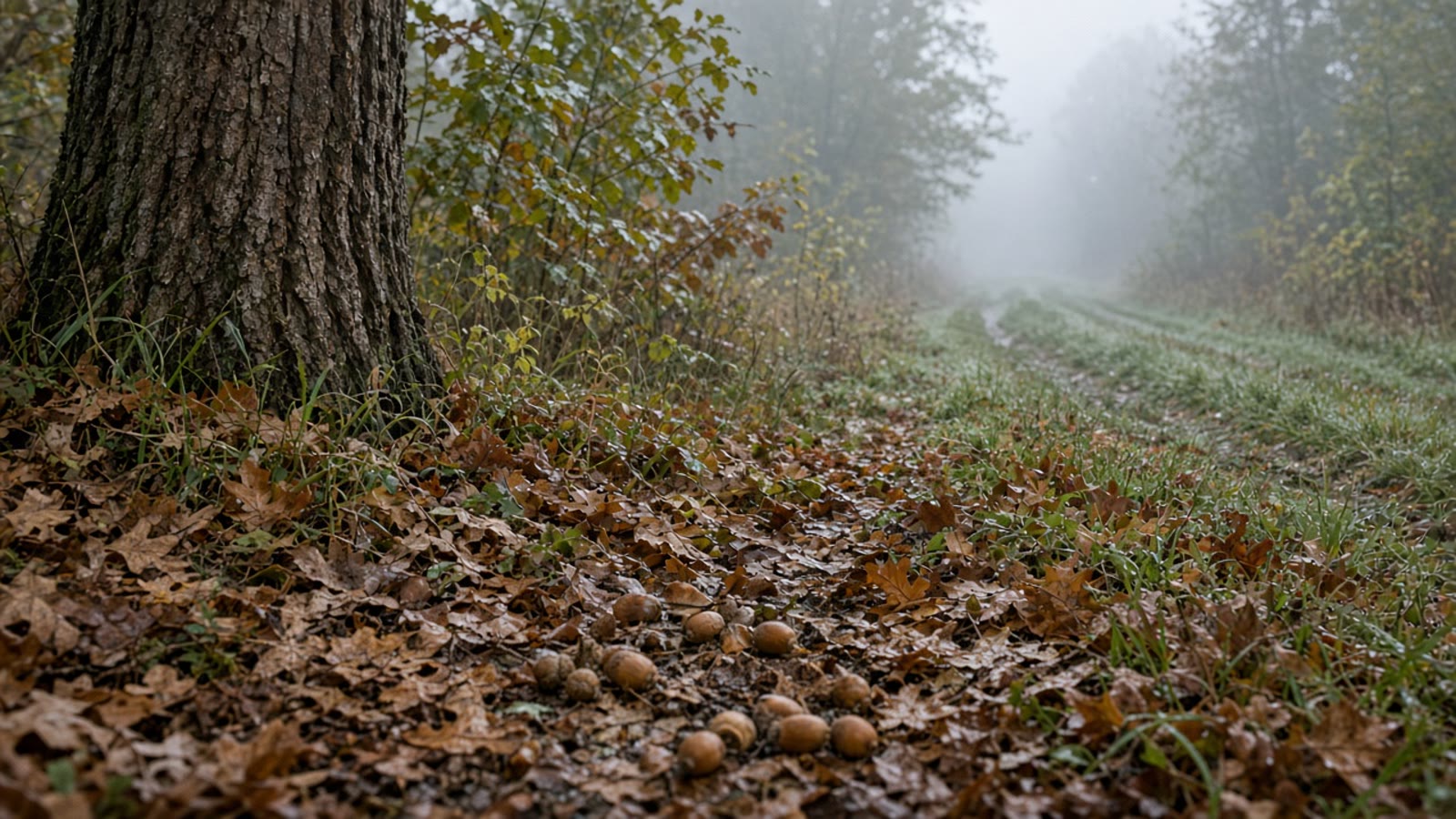 Acorns on oak leaves beside a foggy two-track at first light on a public edge