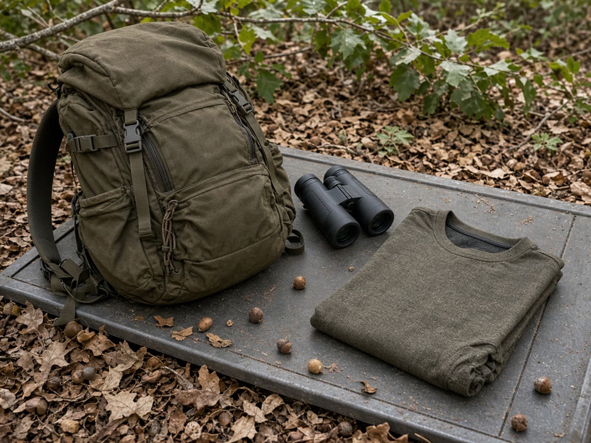 A hunting pack and binoculars on a tailgate at a public oak edge. The bow stays at a shop. The edge is the sit.