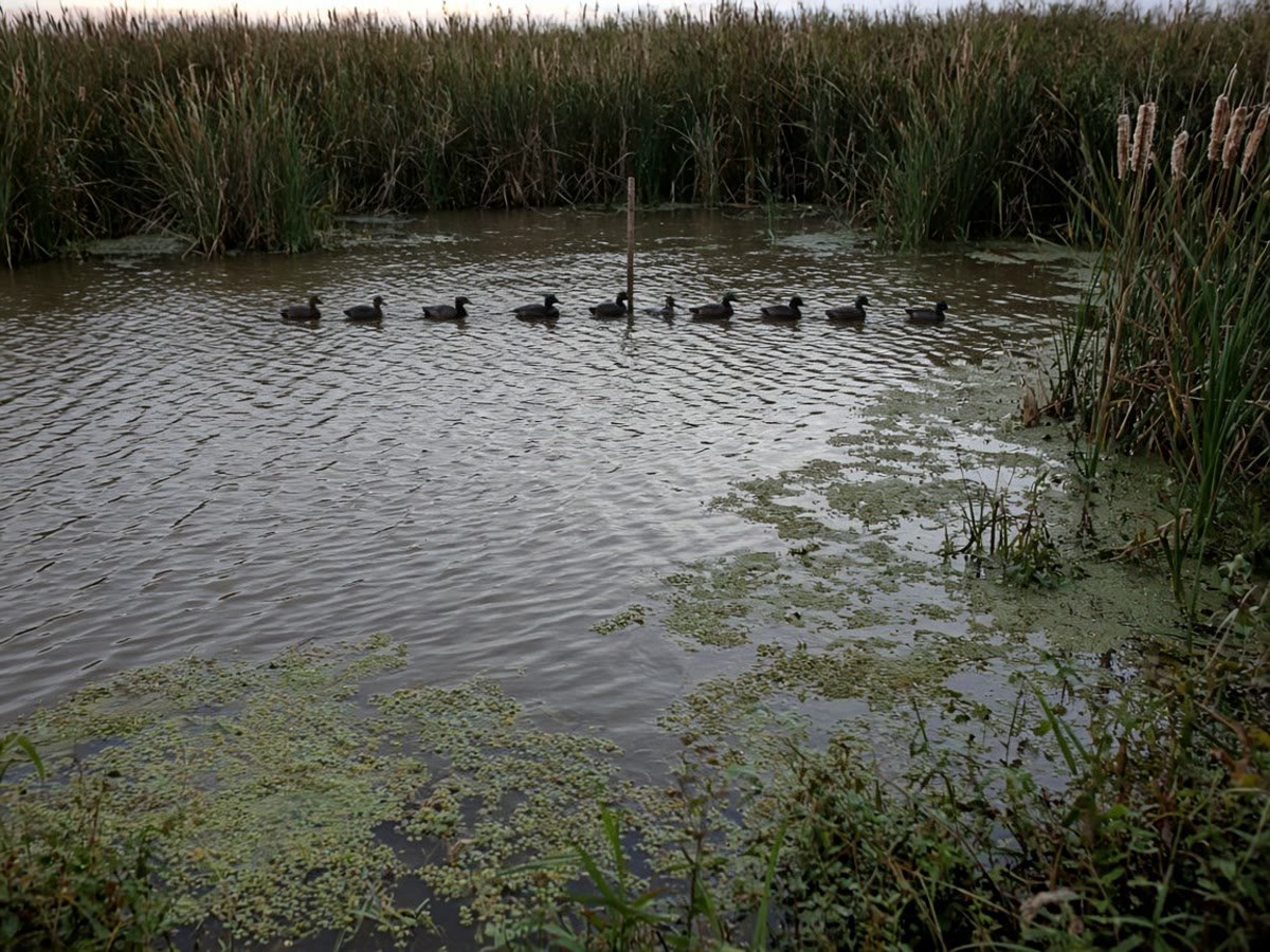 A small decoy spread in a public marsh at first light. Early teal finish or they do not — there is no late-season circle.