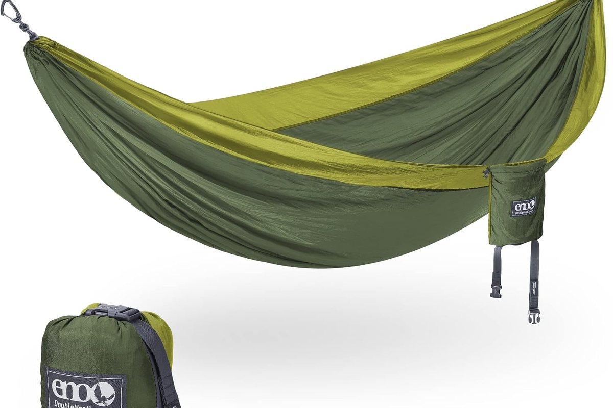 ENO DoubleNest hammock in olive and melon, model DN009, empty