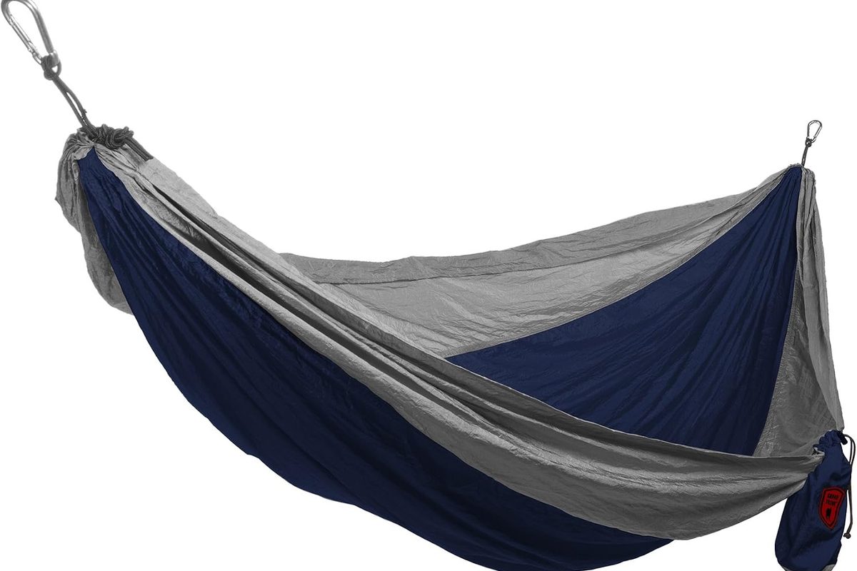 Grand Trunk double parachute nylon hammock in navy and silver, model ADH-03, with no person in it.