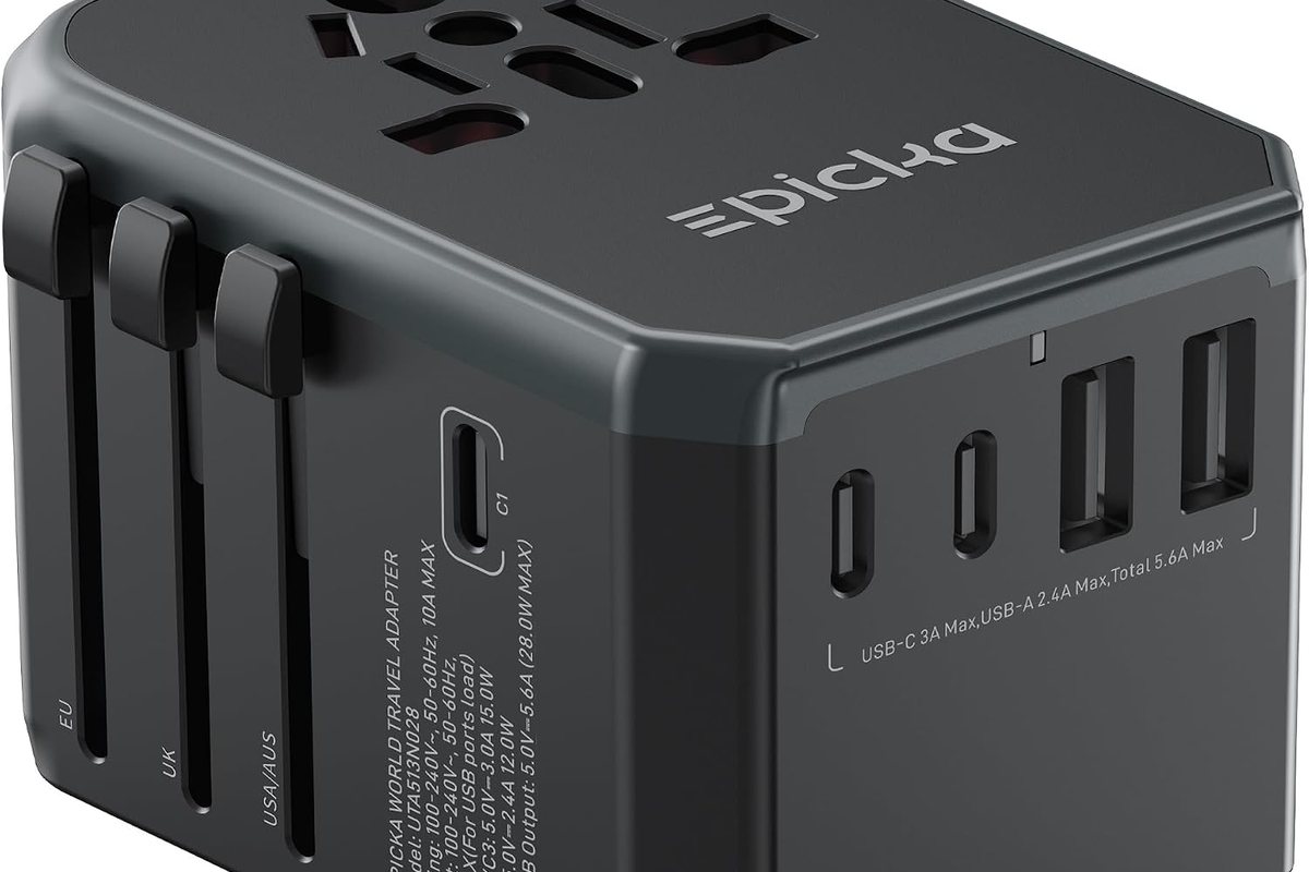 Epicka travel adapter with one AC outlet, three USB-C ports, and two USB-A ports