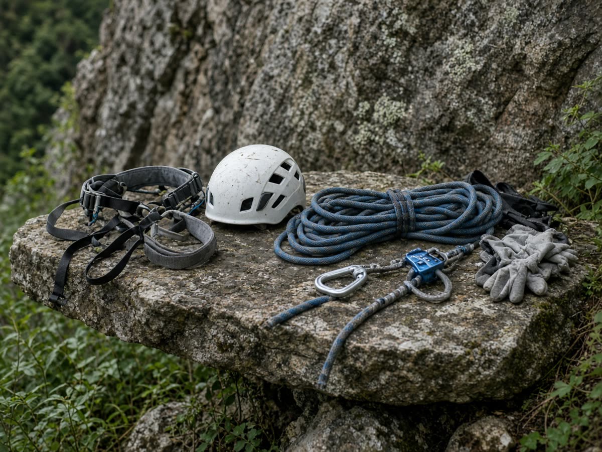 Helmet, harness, belay device on a bench. A lesson is the first piece. The blister pack is the ad.
