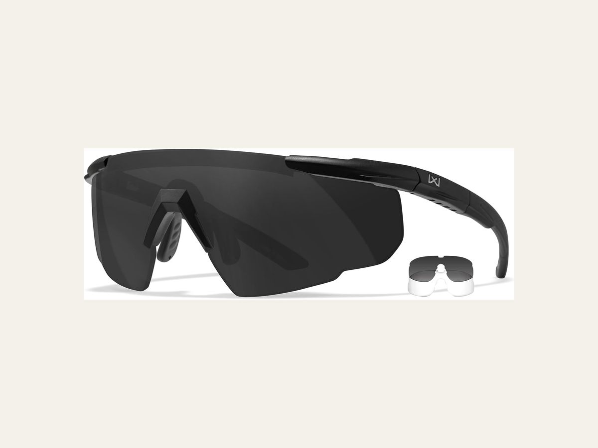 Wiley X Saber Advanced ballistic glasses with a smoke lens.