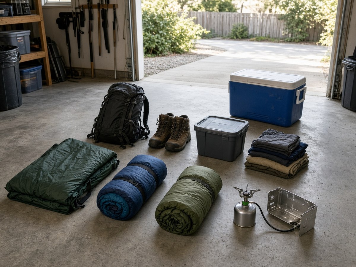 Camping gear organized on a garage floor before a trip. The genuine essentials are shorter than most gear lists suggest: shelter, sleep system, food safety, and basic first aid.