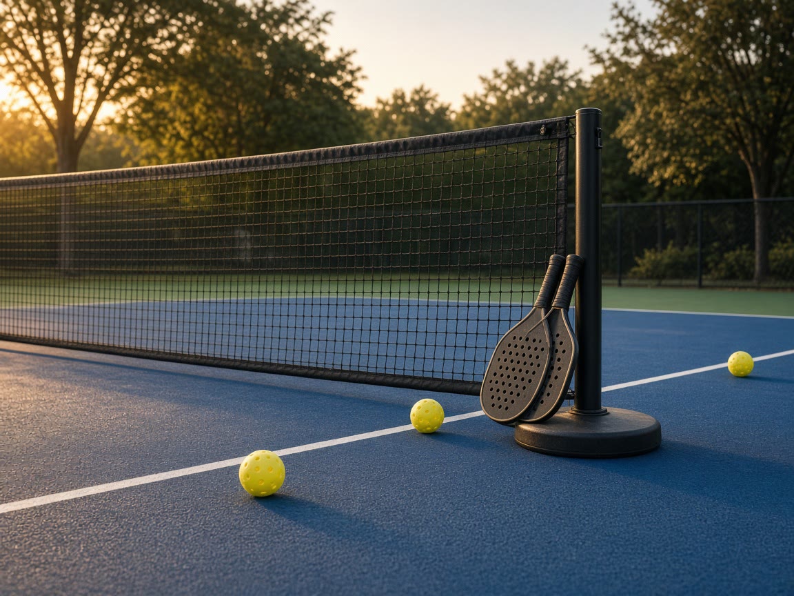 Outdoor balls and a portable net on a quiet court. The paddle is a shop you can still swing.