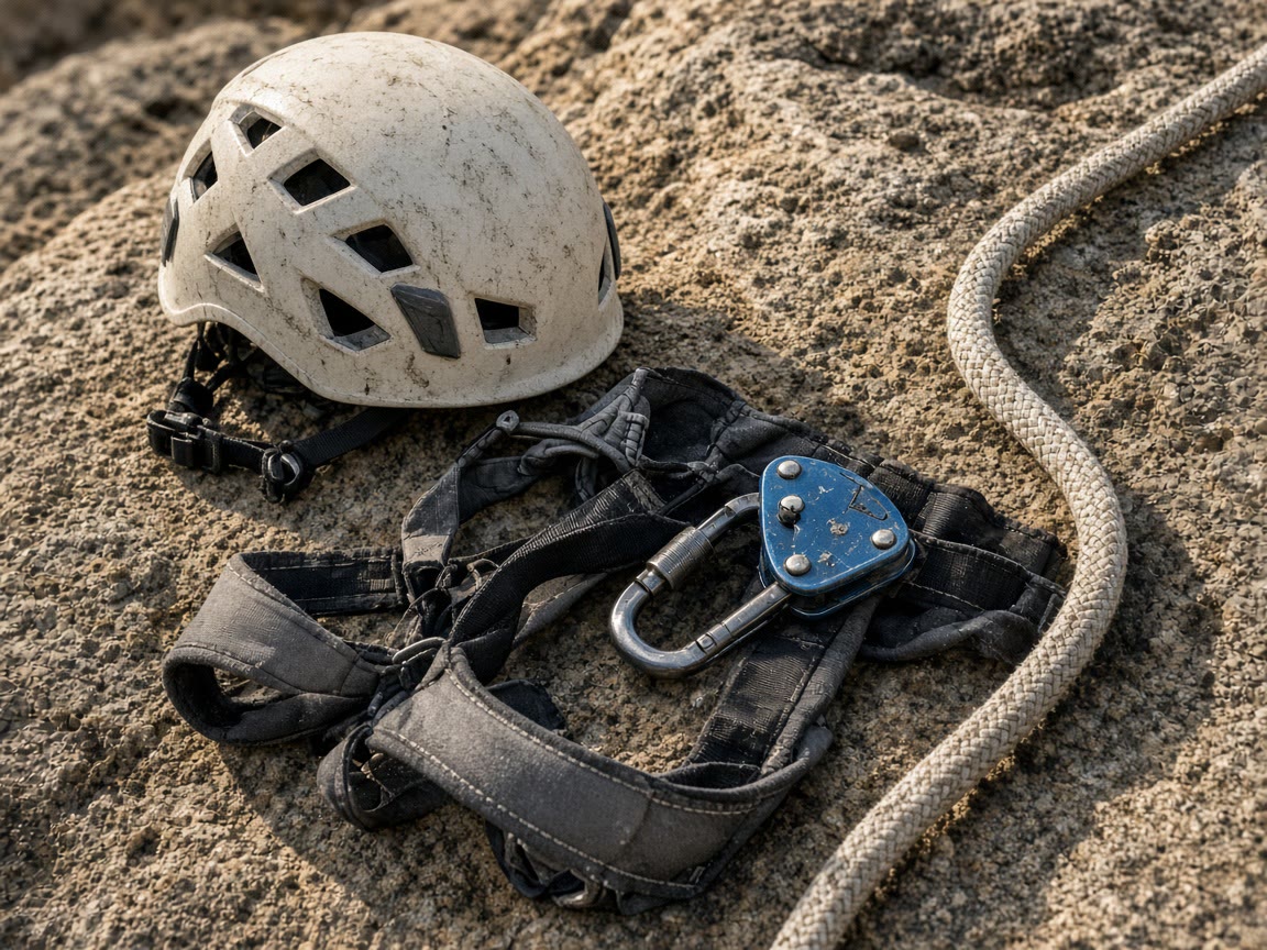 Helmet, harness, and a belay device on the rock. That is the kit. A blister-pack “climb set” is the ad.