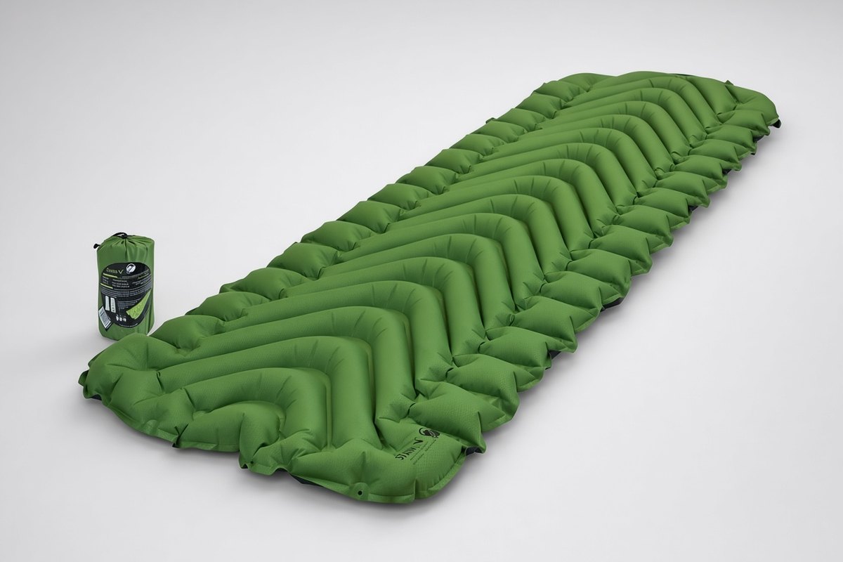 Klymit Static V sleeping pad, green, model 06SVGR02C, uninsulated, with a stuff sack.