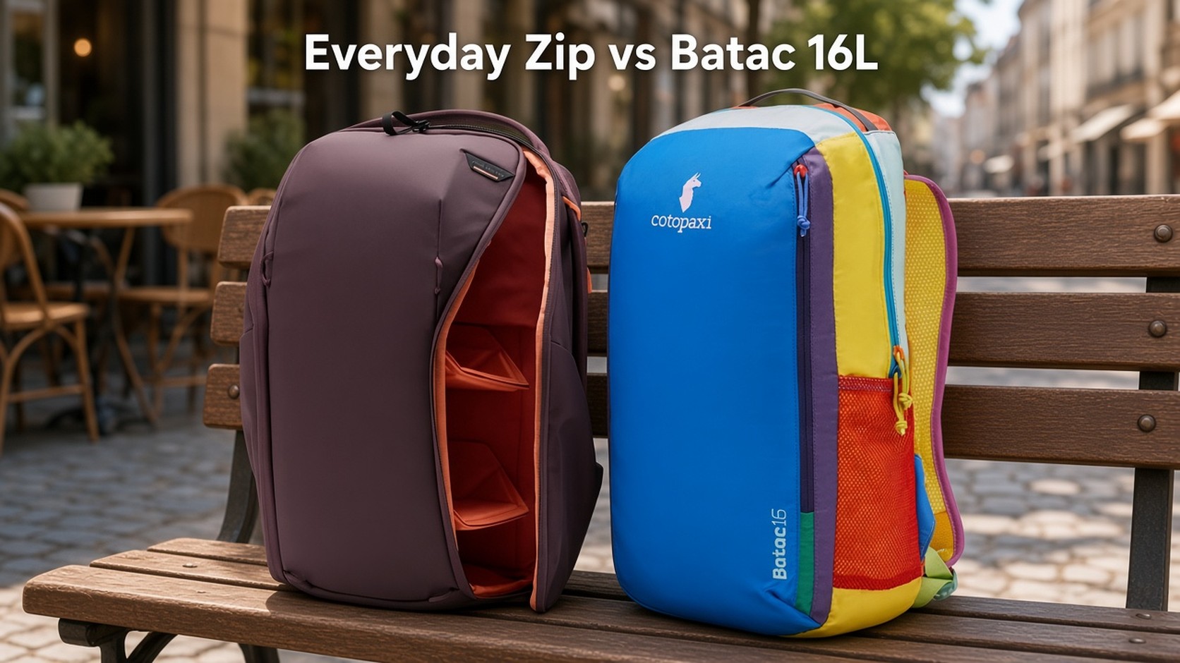Two daypacks on a bench, headline Everyday Backpack Zip 15L vs Batac 16L