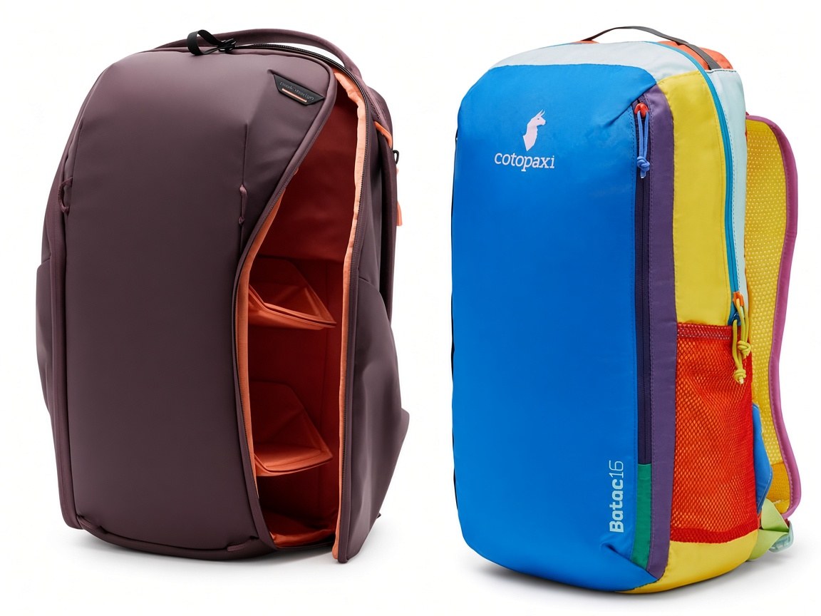A Peak Design Everyday Backpack Zip 15L and a Cotopaxi Batac 16L on a plain background