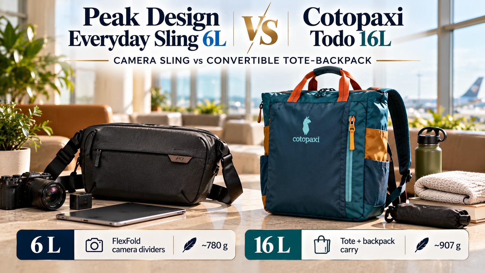 Two travel bags, headline Peak Design Everyday Sling 6L vs Cotopaxi Todo 16L