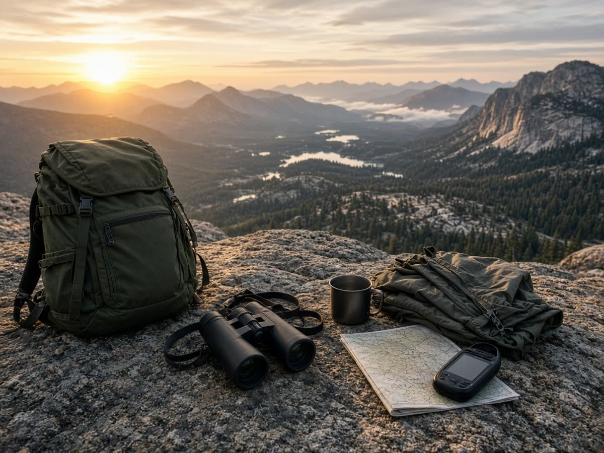 A daypack and glass on a granite overlook. One job you can still finish is the day.