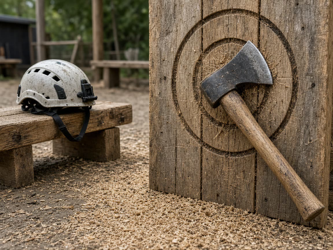 A hatchet at a marked line, a target you walked to. The range is the class.