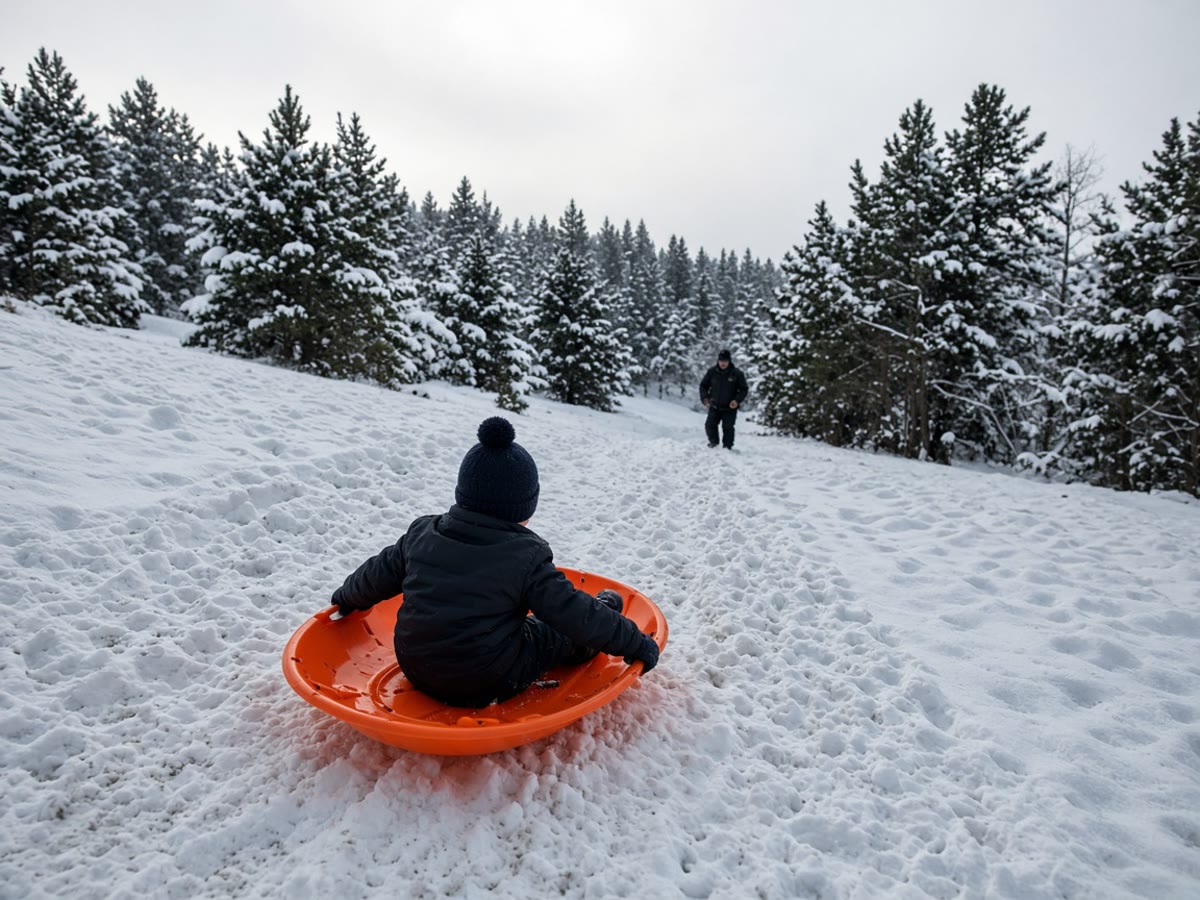 A 26-inch saucer on packed snow. Grips first. The hill is the sport.
