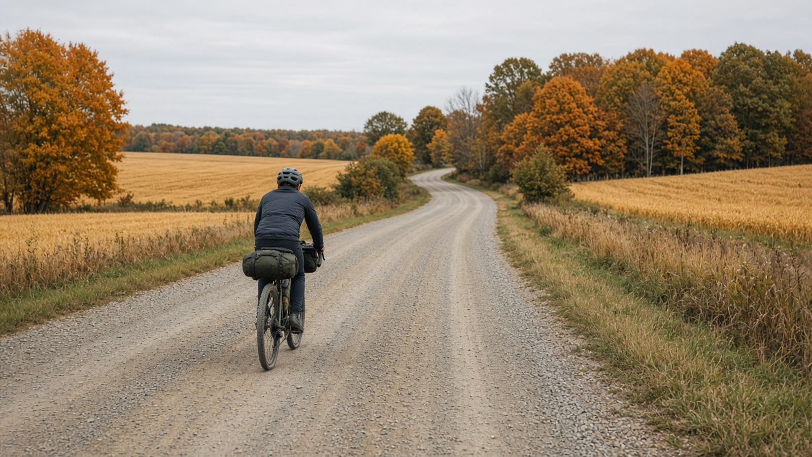 A gravel rider on an empty autumn farm road with bikepacking bags