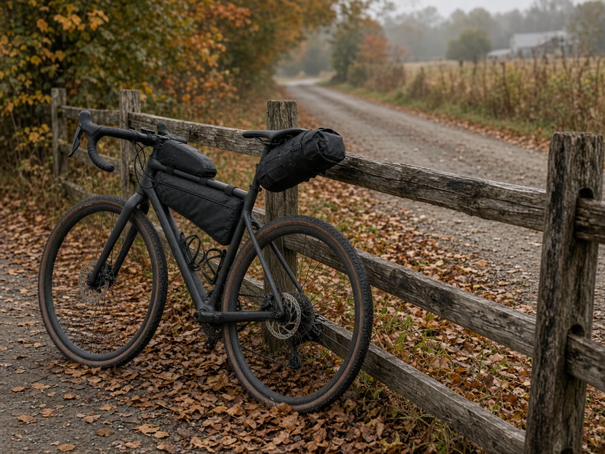 A loaded gravel bike on a quiet fall farm road. The bags stay on the bike. The road is the point.