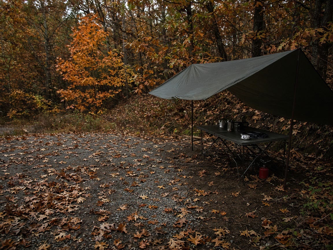 Oak on a reserved pad, a tarp over the cook, a lamp on red. Shoulder season is the classroom.