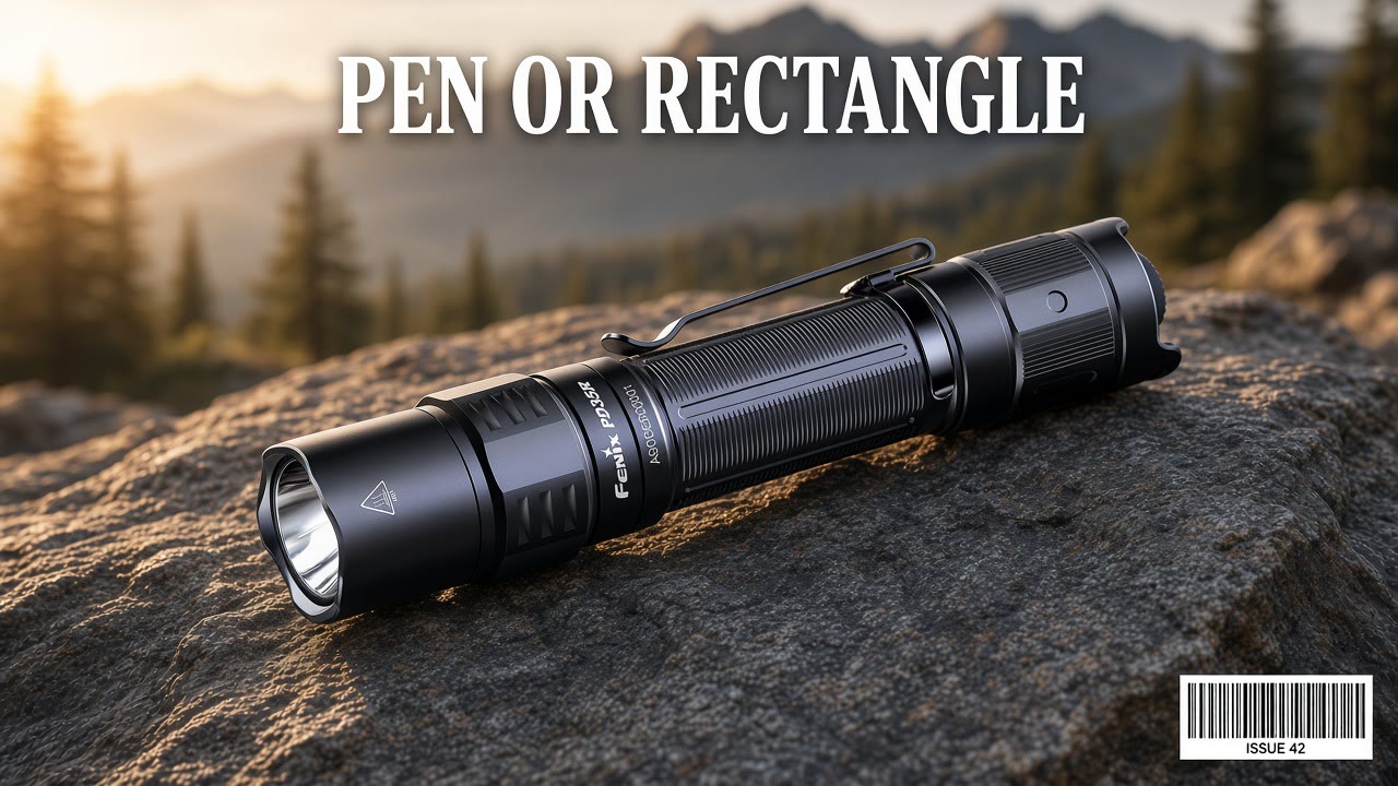 Black Fenix flashlight on rock with the headline Pen or Rectangle