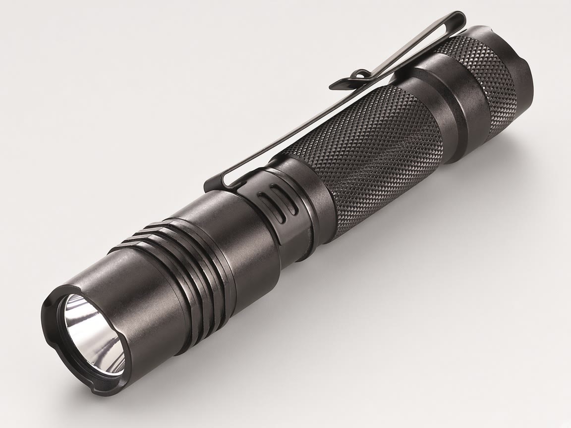 Black handheld flashlight with a pocket clip on a plain background.