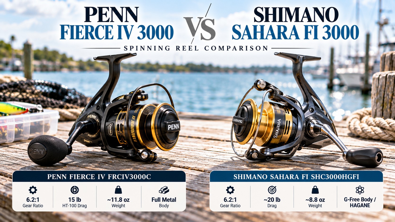 PENN Fierce IV 3000 vs Shimano Sahara FI 3000 spinning reel comparison on a wooden dock.