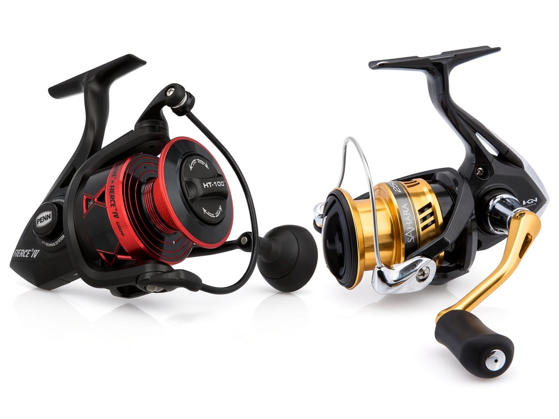A PENN Fierce IV spinning reel and a Shimano Sahara FI spinning reel on a plain background
